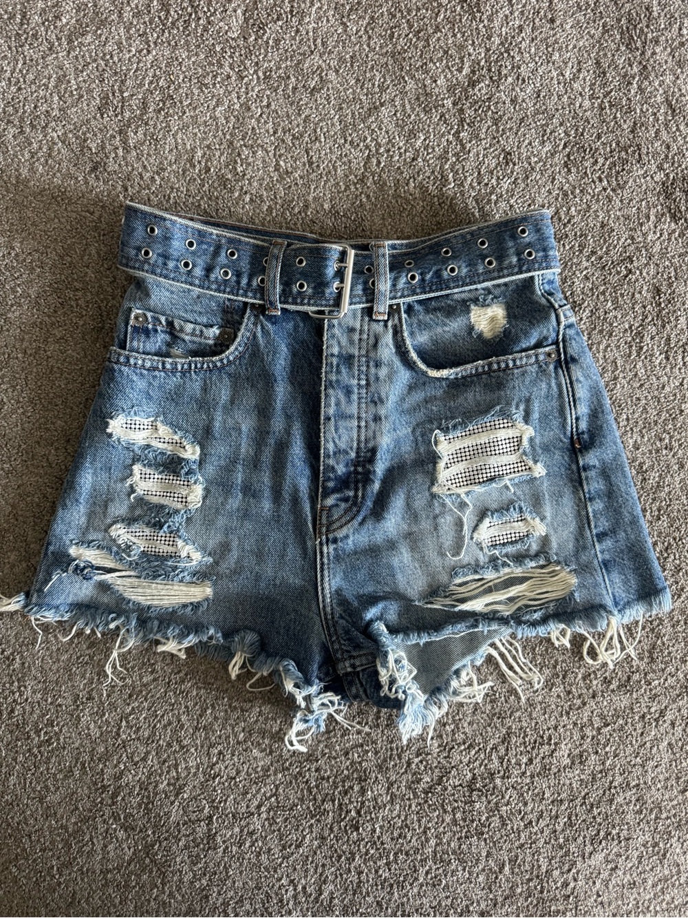 The Kooples Distressed Denim Shorts Grommet Belt Ripped High Waist Size 1 S